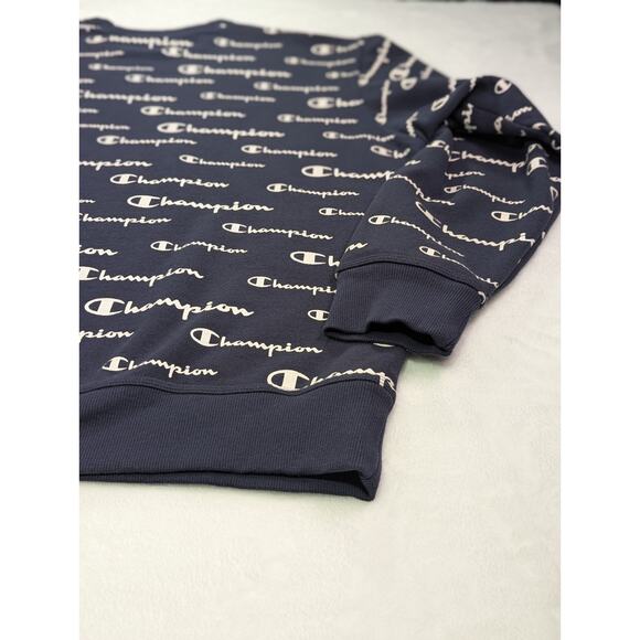 Champion Navy All-Over Script Logo Crewneck Sweatshirt Size 2XL - Picture 10 of 12